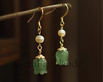 Lily of The Valley Aventurine Jade Dangle Earrings, Vintage Gold Plated Pearl Drop Earrings, Floral Earrings Gift for Her, Elegant Earrings