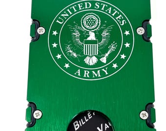 Army Minimalist Aluminum Wallet Men RFID Blocking Slim Metal Card Holder with Removable Money Clip.  Billet Machined. Laser Engraved.