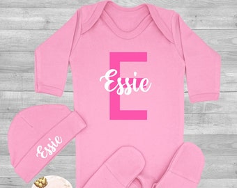 Personalised New Baby Outfit Name Unisex Sleepsuit Hat Set Boy Romper Bodysuit Newborn Gift Hello World Born in 2023 Gift Baby Shower