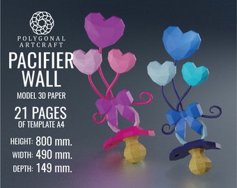 PACIFIER Wall decor Papercraft 3d lowpoly PDF Template, baby shower, party decor