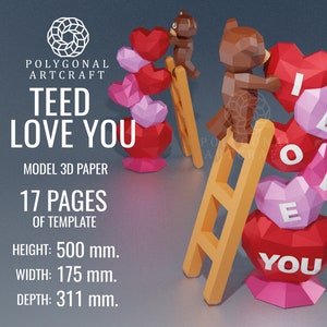teed i love you hearts, Valentine's Day Papercraft 3d lowpoly PDF Template
