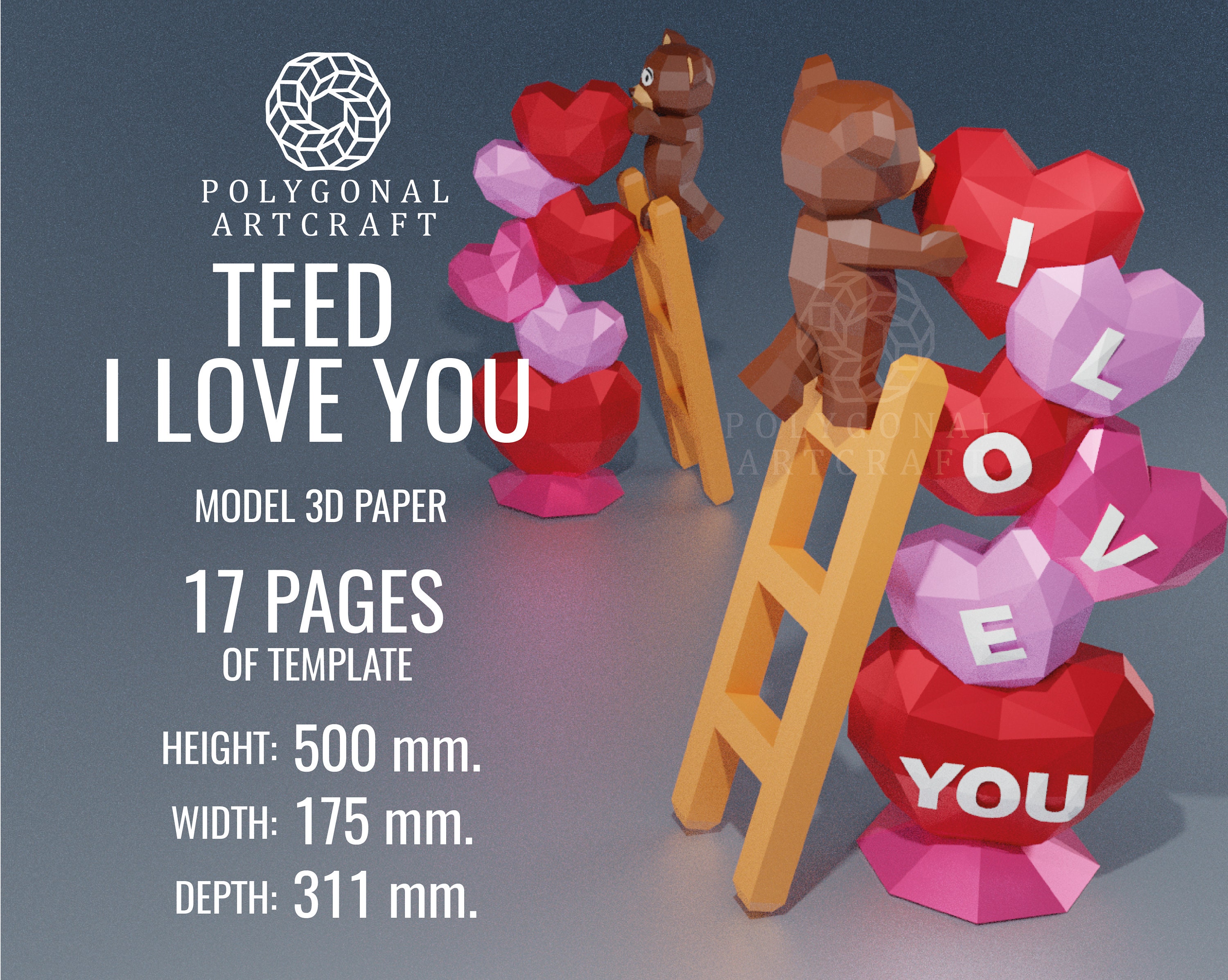 teed i love you hearts, Valentine's Day Papercraft 3d lowpoly PDF Template