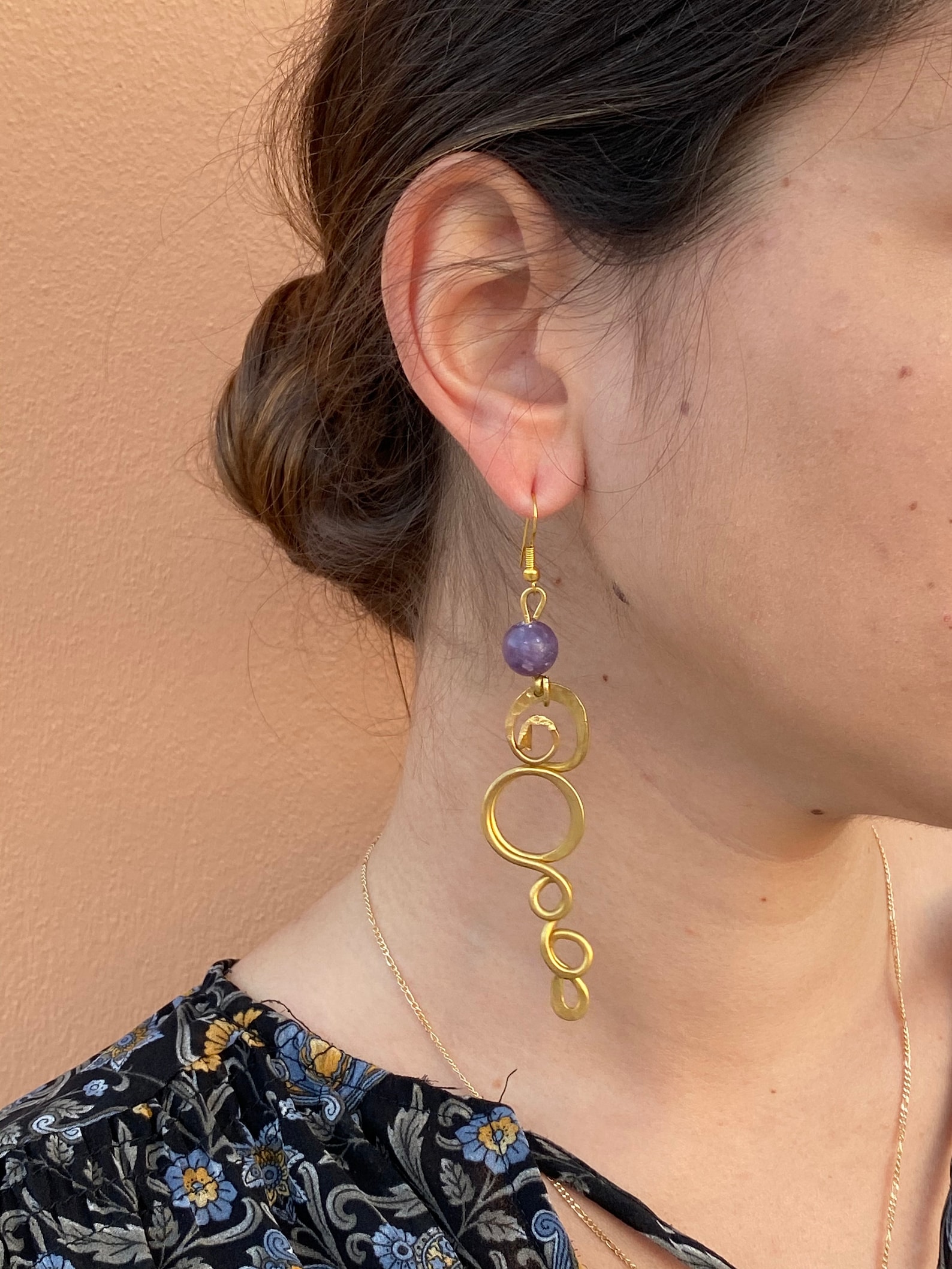 Bronze long wrought earrings with amethyst semi precious Etsy