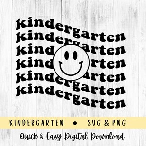May include: Black and white graphic design with the word "kindergarten" repeated multiple times in a stacked pattern. A smiley face is centered in the design.