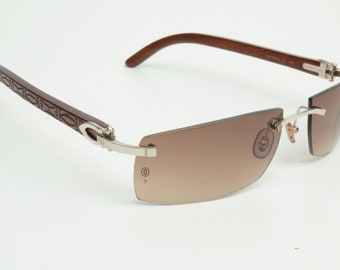 Cartier Bubinga Wood Rimless Double C Decor Rectangle 60 18 140b Vintage Sunglasses 0p2400 Etsy