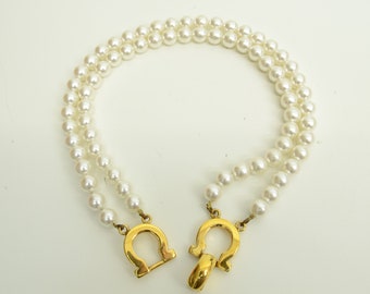 Authentic Ferragamo Gancini Faux Pearl Clip Necklace Gold Emblem GP Jewelry 1p2235