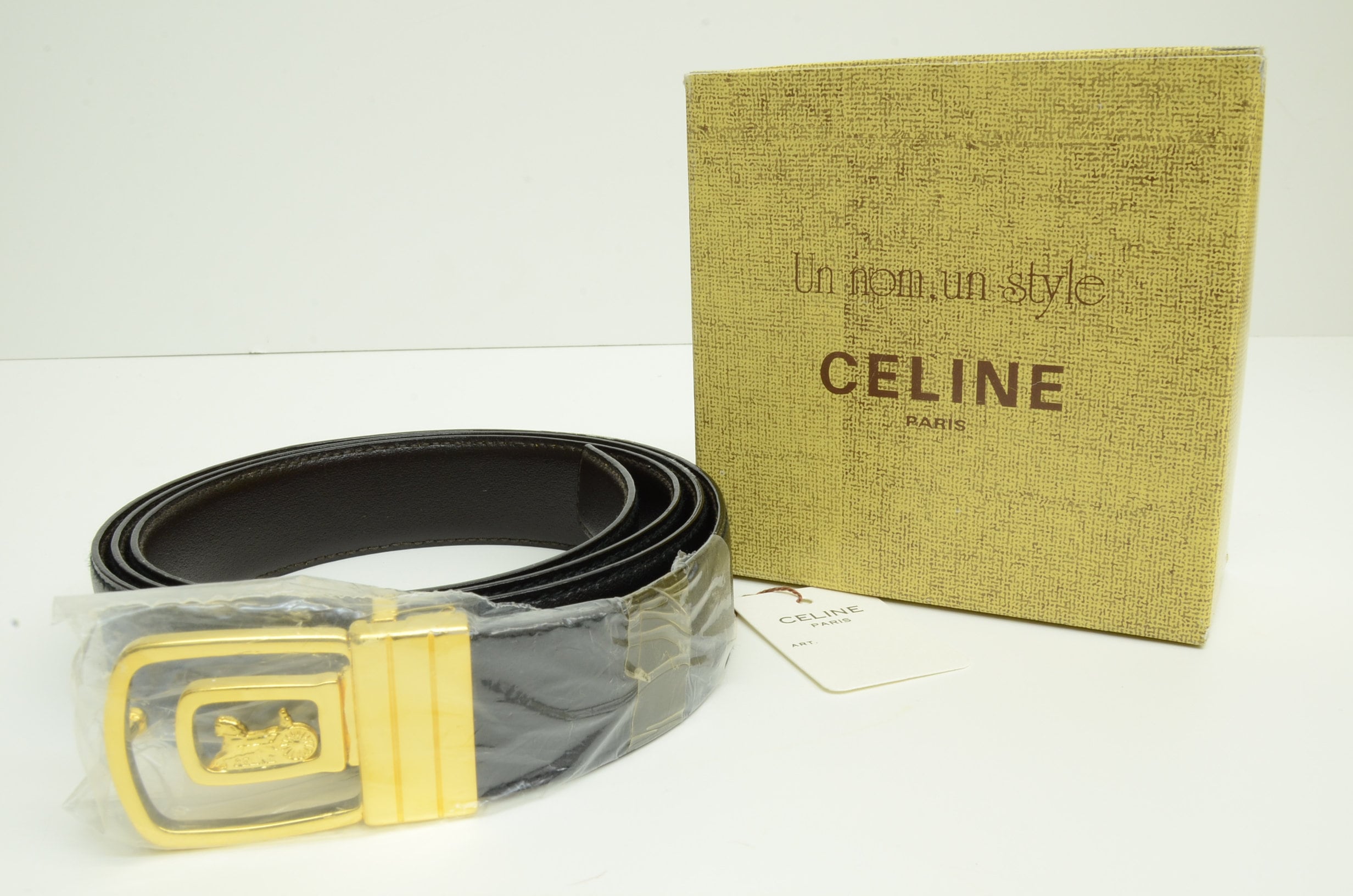 Authentic Celine Belt GP Logo Vintage Black Leather Gold
