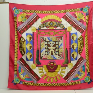 Authentic Hermes 100% Silk Scarf Huaca Piru Red Pink Koechlin Vintage 90cm Carre 1p1903
