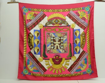 Authentic Hermes 100% Silk Scarf Huaca Piru Red Pink Koechlin Vintage 90cm Carre 1p1903