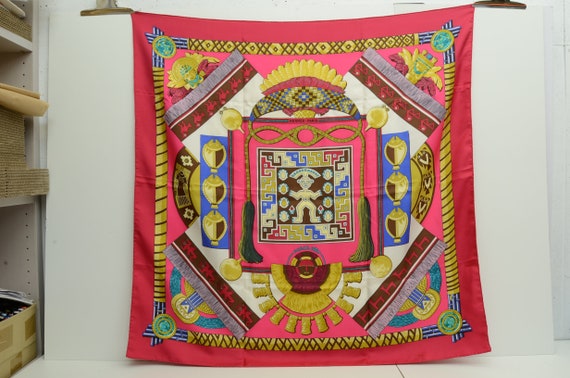 Authentic Hermes 100% Silk Scarf Huaca Piru Red P… - image 1