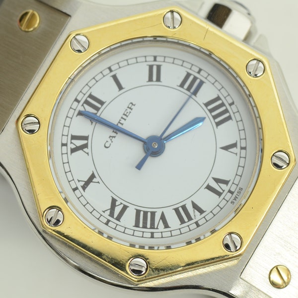 Authentic Cartier Santos Vintage Watch Octagon 24mm Automatic 18K Gold SS Signature Logo Clip 0p4578
