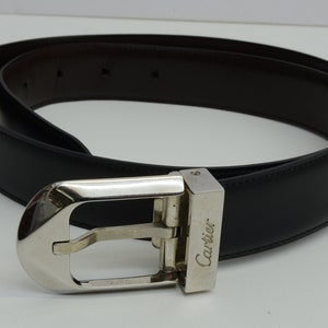 Authentieke Cartier Riem Zwart Leer SP Logo Gesp Kleding Accessoire Zilver 1p1549