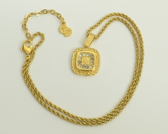 Authentic Christian Dior Necklace Square Signature Logo GP Rhinestone Charm Chain Jewelry 0p8315