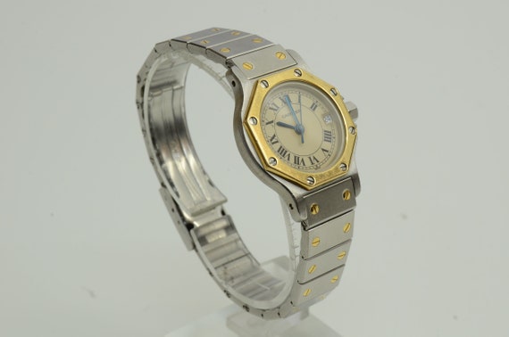 Authentic Santos De Cartier Watch 24mm Quartz Octagon SS Gold