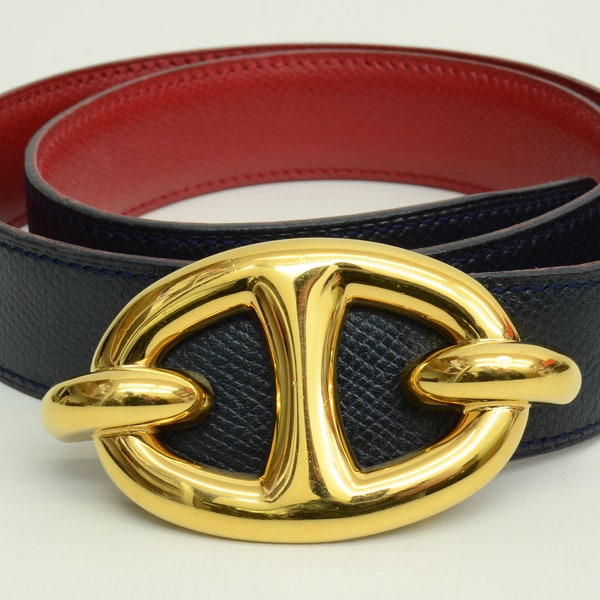 Authentic Hermes Belt Navy Leather GP Buckle Emblem 1991 Fashion Accessory 1p272