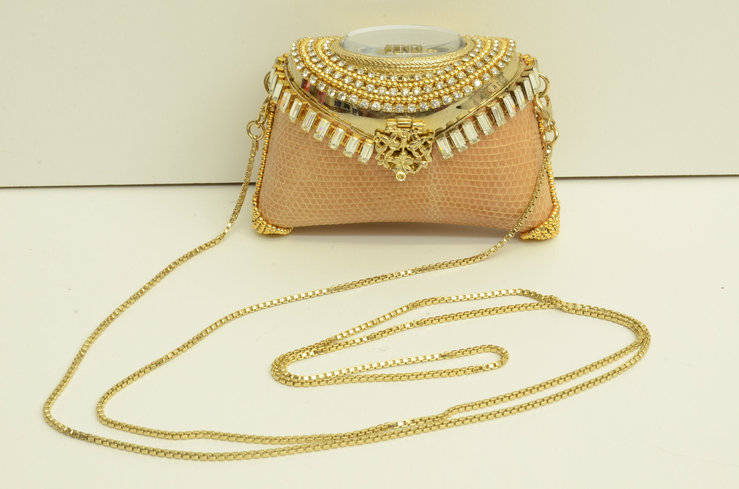 Authentic Fendi Rhinestone Mirror Lid GP Chain Shoulder Bag