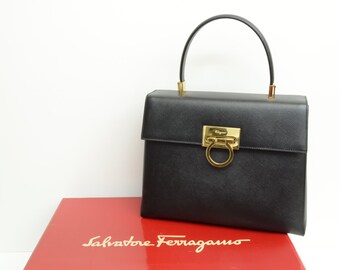 Authentic Ferragamo Leather Handbag GP Gancini Fold Lock Black Vintage Purse 0p10