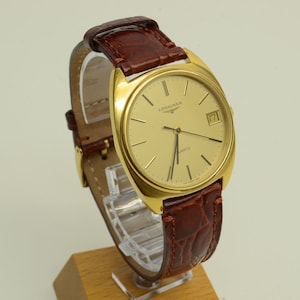 Authentic Longines Vintage Watch Quartz 34mm Swiss Gold Plated SS Steel Leather 1p8411