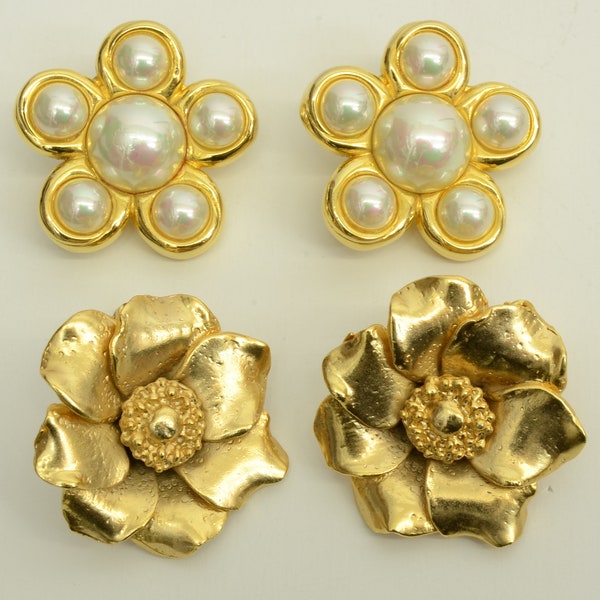 Authentic Kenzo & Lion de Paris Floral Clip On Earrings GP Faux Pearl Jewelry 9p9717