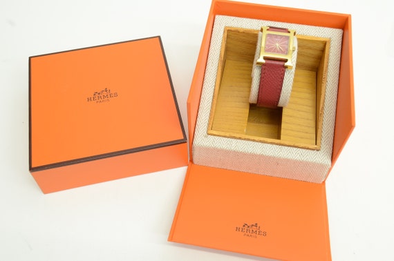 Authentic Hermes Red Leather Gold Plated H Logo 21mm Watch