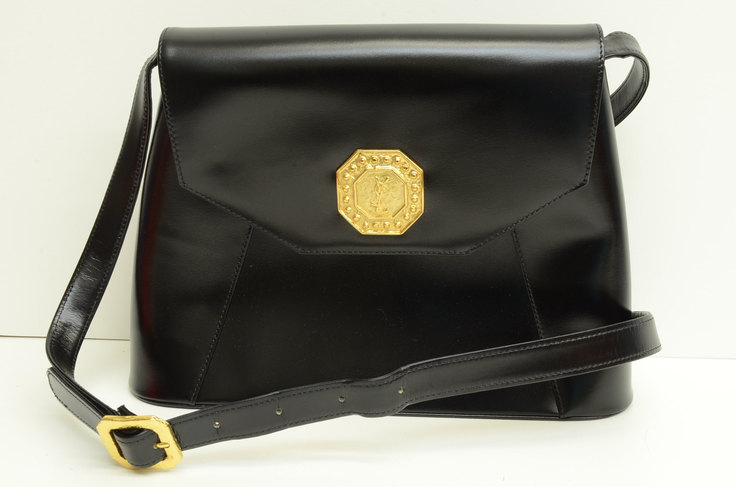 Authentic YSL Leather Shoulder Bag GP Octagon Fold Magnet 
