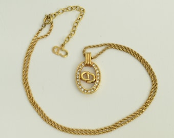 Authentic Christian Dior Necklace CD Logo Signature GP Rhinestone Charm Chain Jewelry 0p8052