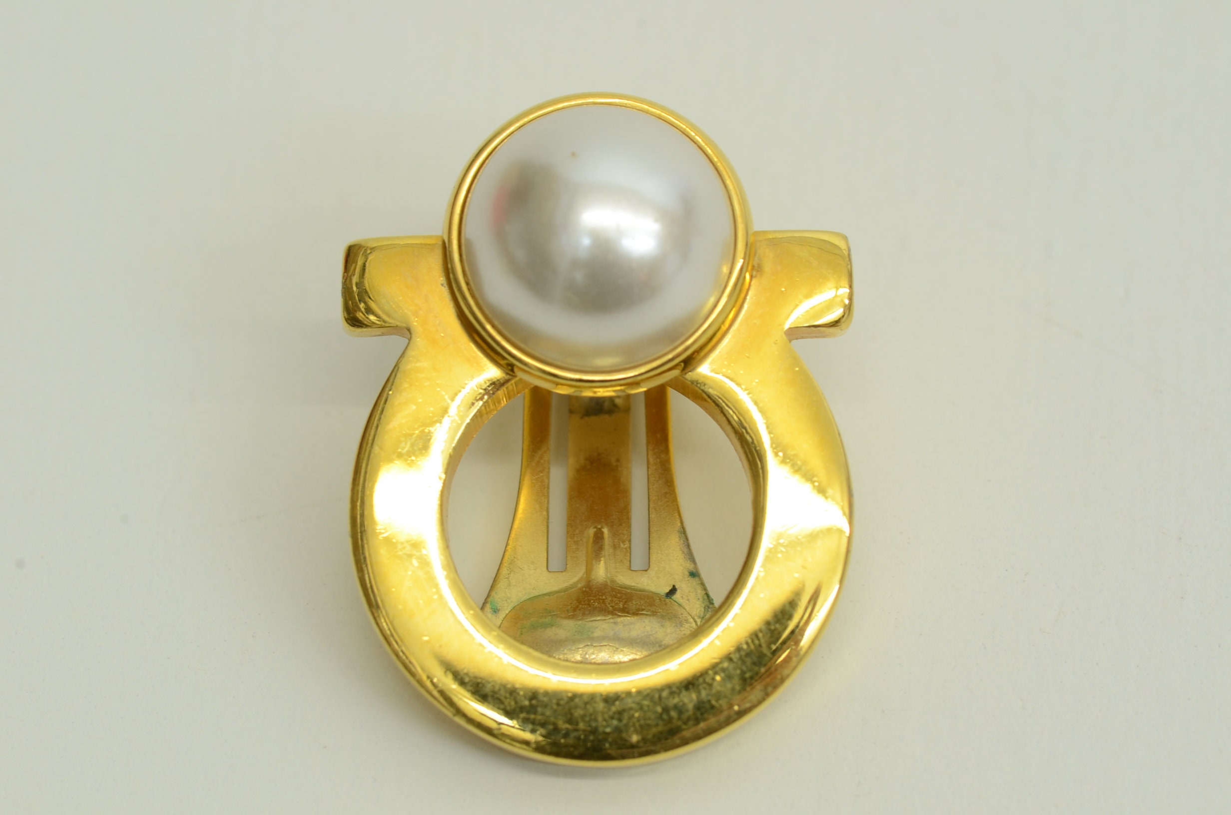 Authentic Ferragamo Gancini Faux Pearl Clip on Earrings Gold
