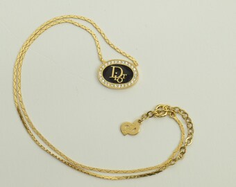 Authentic Christian Dior Necklace Black Oval Signature Logo GP Rhinestone Charm Chain Jewelry 1 0p8058