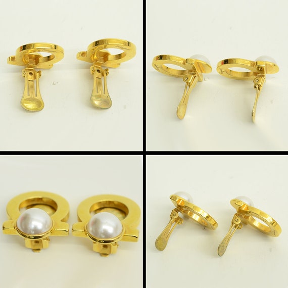 Authentic Ferragamo Gancini Faux Pearl Clip on Earrings Gold