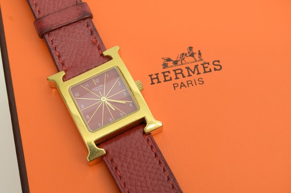 Authentic Hermes Red Leather Gold Plated H Logo 21mm Watch