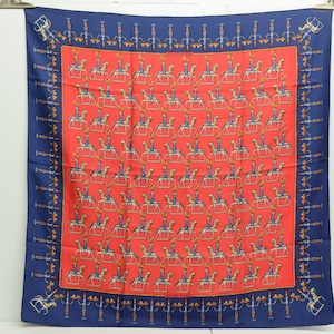 Authentic Hermes Les Artificiers Vintage Scarf 90cm Silk Duchene Red Blue Horse Carre 8p9177