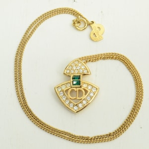 Authentic Christian Dior Necklace Gold Plated Rhinestone Emerald Triangle Charm CD Logo Chain Jewelry Accessory 0p4764
