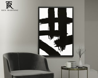 Black and White Abstract Art- Modern Abstract Brush Strokes Wall Art- Large Printable Paintings
