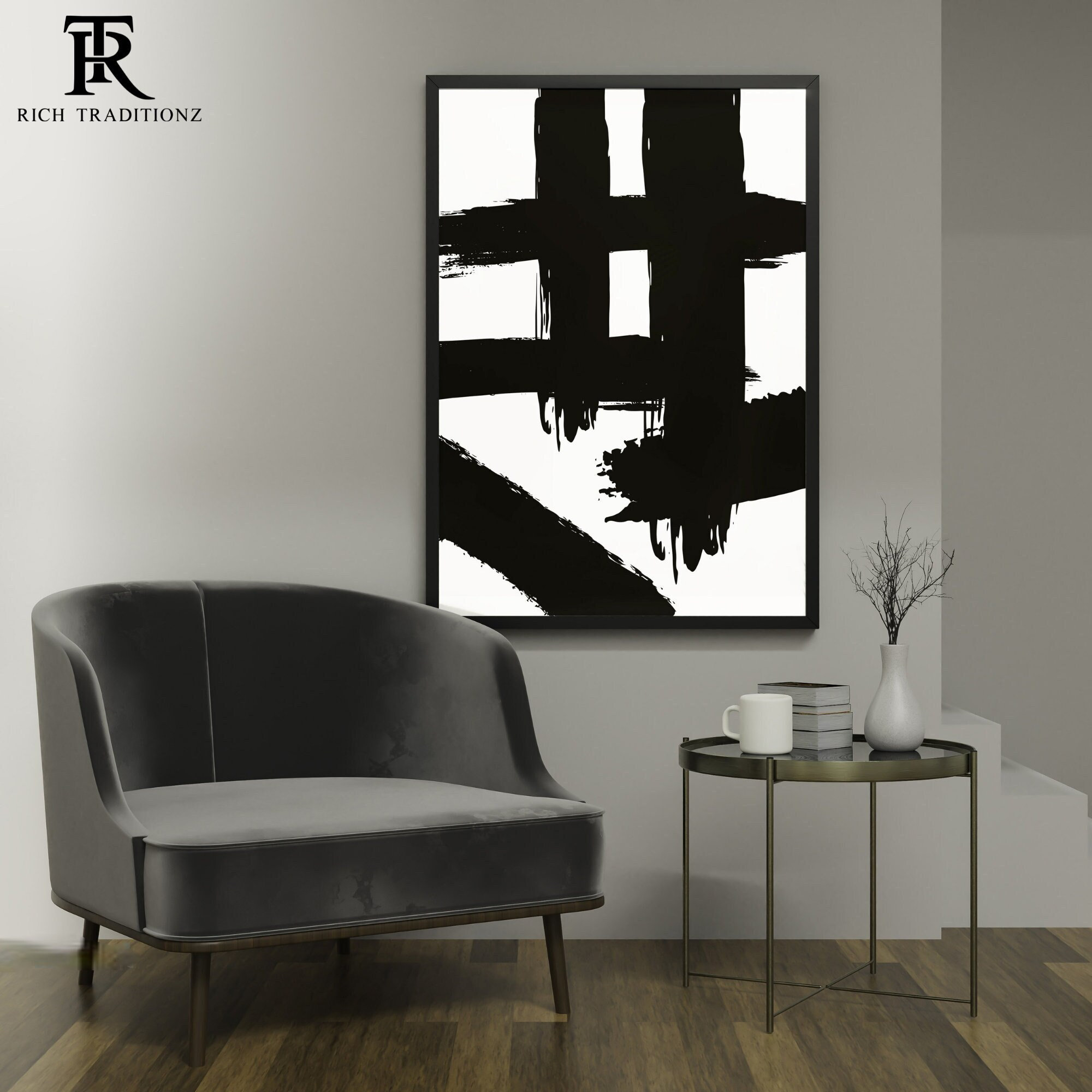 Black and White Abstract Art- Modern Abstract Brush Strokes Wall Art ...