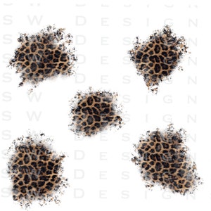 May include: Five abstract leopard print designs with brown and black spots on a white background. The designs have a distressed, textured appearance with a faded, speckled border. The background has the text "SW DESIGN" repeated.