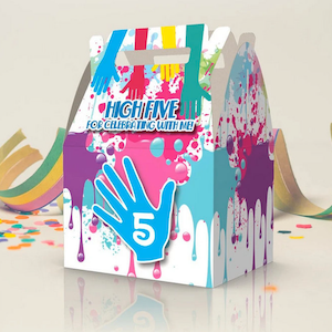 May include: A colorful party favor box with a handprint design and the text "High Five! For celebrating with me!" The box is decorated with colorful paint splatters and a blue hand with the number 5.