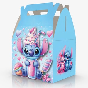 May include: Blue and pink favor box with a cartoon image of Stitch from Lilo & Stitch holding a milkshake. The box has a handle and is decorated with hearts and glitter.