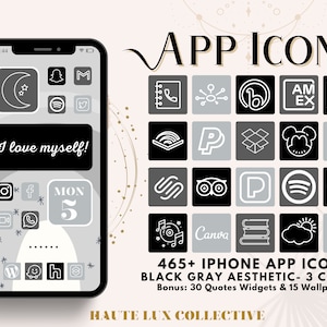 465 iOS14 App Icons | Black Grey Aesthetic App Pack, iPhone App Icons Iphone Home Screen Icons Aesthetic, ios14 App Icon Covers App Icons