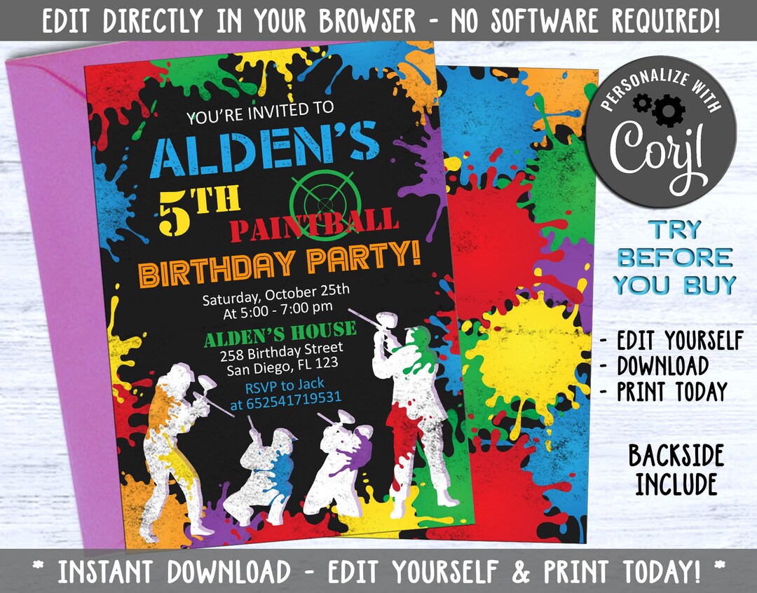 Paintball Invitation, Paintball Birthday Invitation, Paintball Invite, Paintball Party Invite