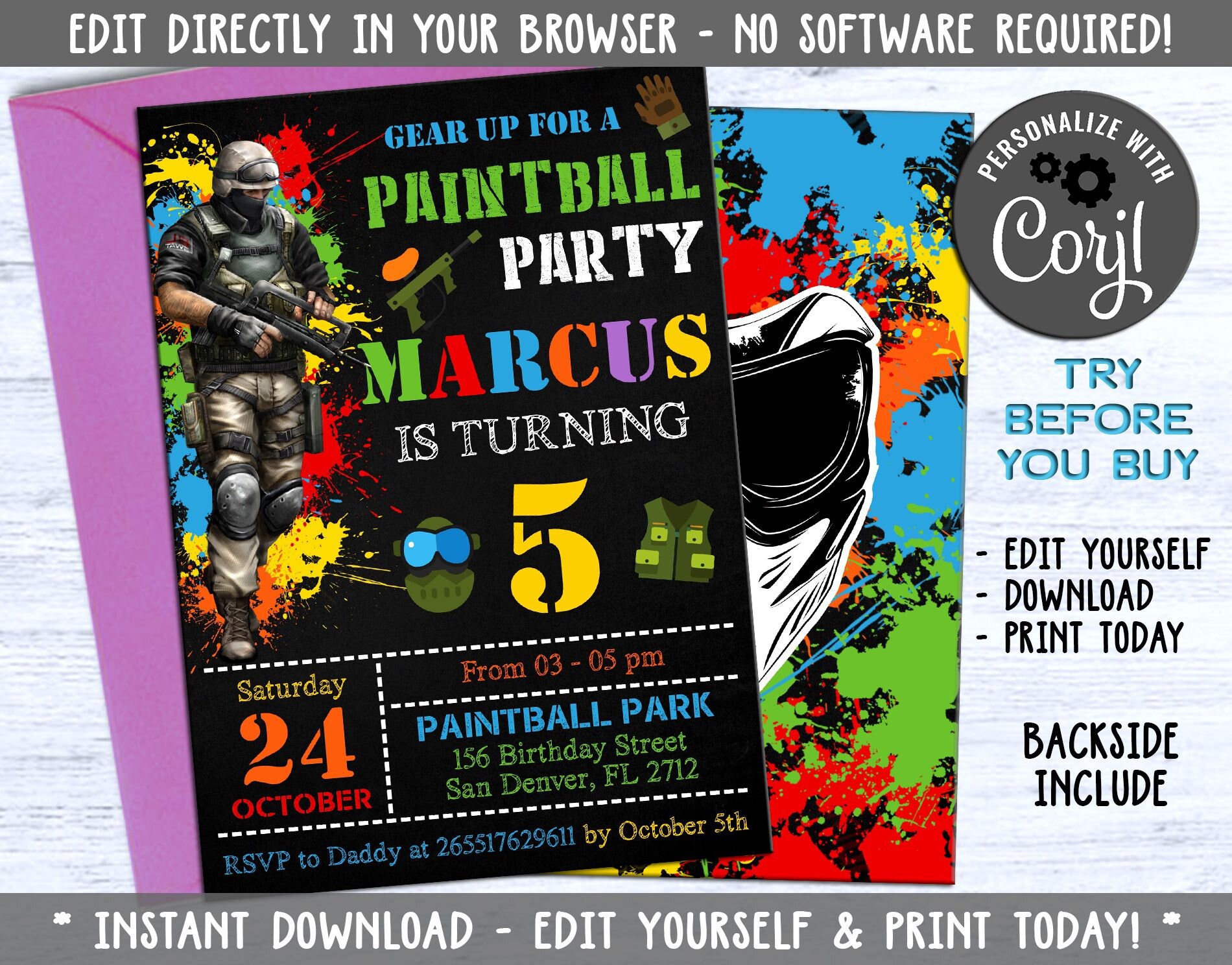 Editable Paintball Invitation Paintball Birthday Invitation Etsy