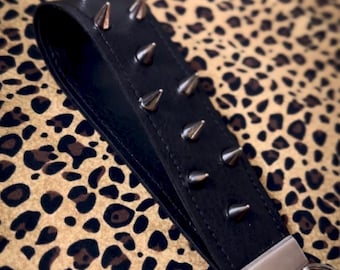 Spiked faux leather wristlet keychain