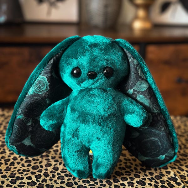 Bunny rabbit plush green and black rose 7.5 inch stuffed animal
