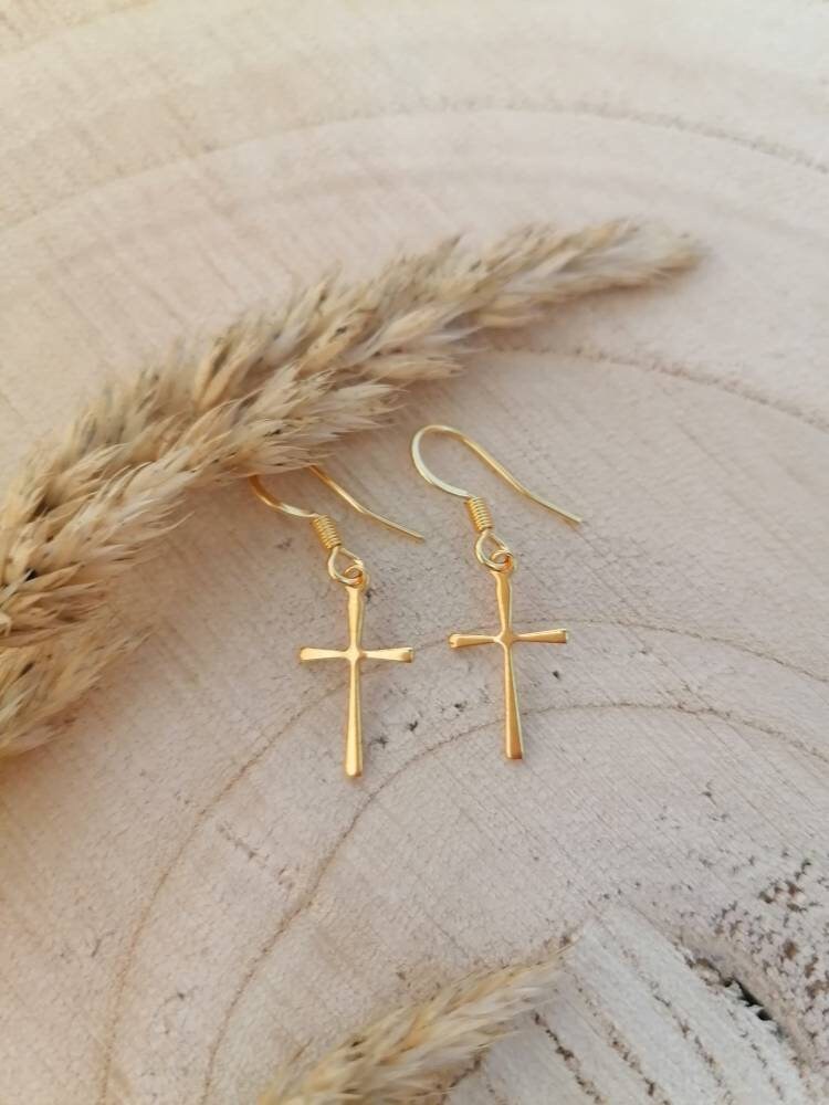 Orecchini A Bottone A Forma Di Croce Religiosa In Argento Sterling 925 Placcato Oro 14k 6 Mm X 4 Mm Per Donna