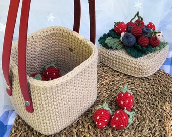 Handmade Knit Flower strawberry sweet Tote Bag , Idyllic Crochet Handbag Knitted Handbag Gift for Her