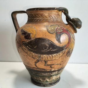 Antique terracotta jug with bird decor from the 30s in Italy / Water jug carafe pitcher