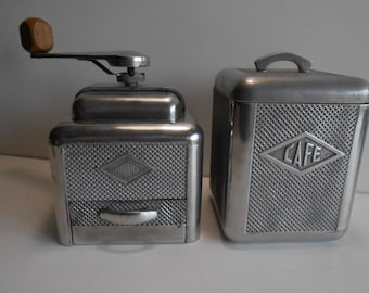 Vintage Moulux 50er Jahre Aluminium-Kaffeemühle & seine Box / Kaffeemühle Kaffeemühle
