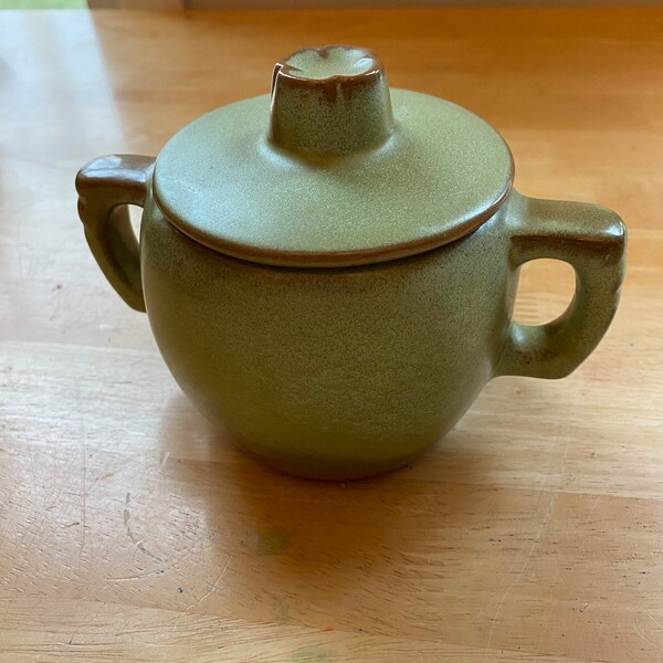 Vintage Frankoma Plainsman Prairie Green Clover Handled Sugar Bowl