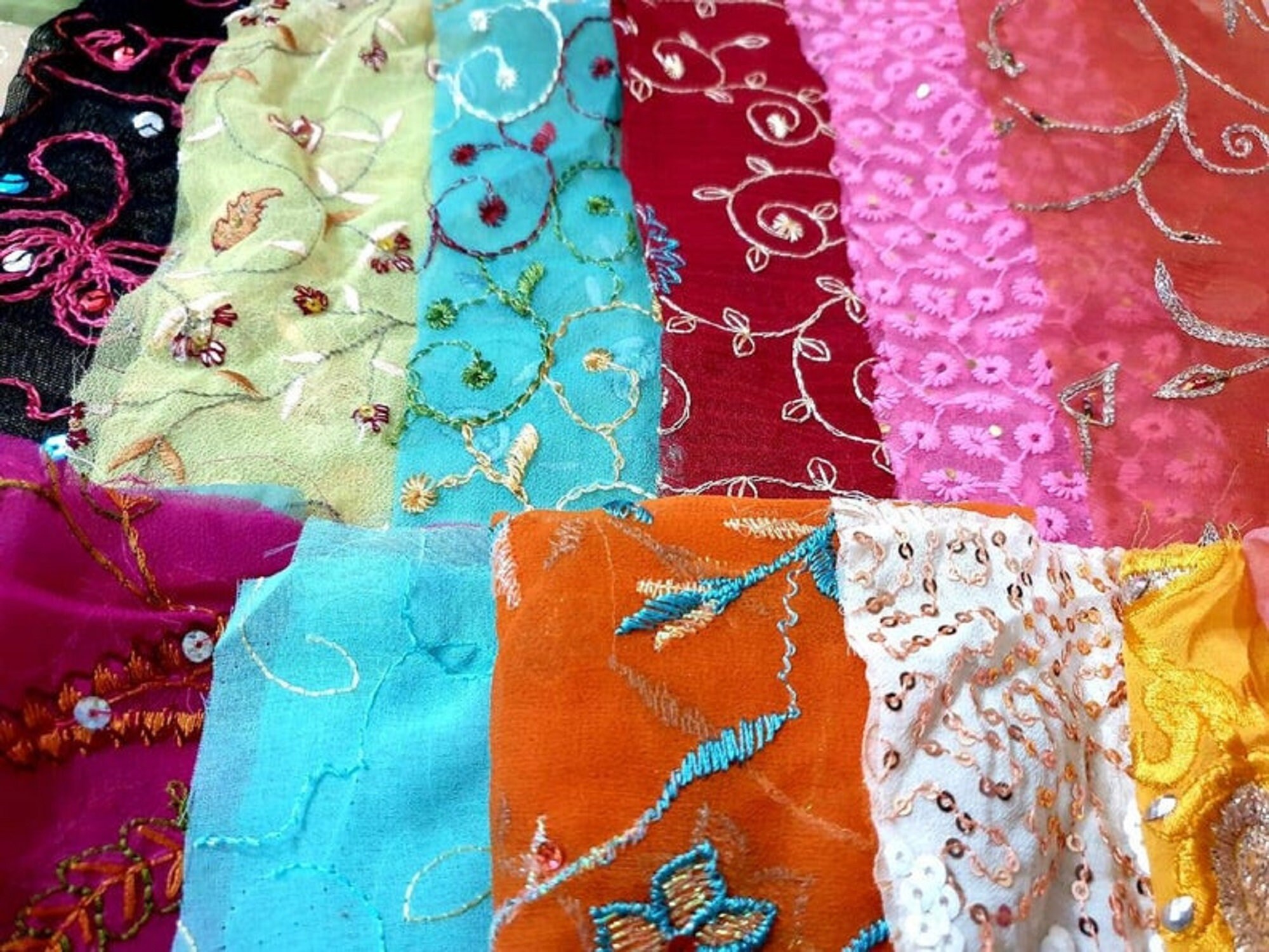 Sari Silk Fabric Remnant Embroidered 19 Pieces Sewing Craft Etsy