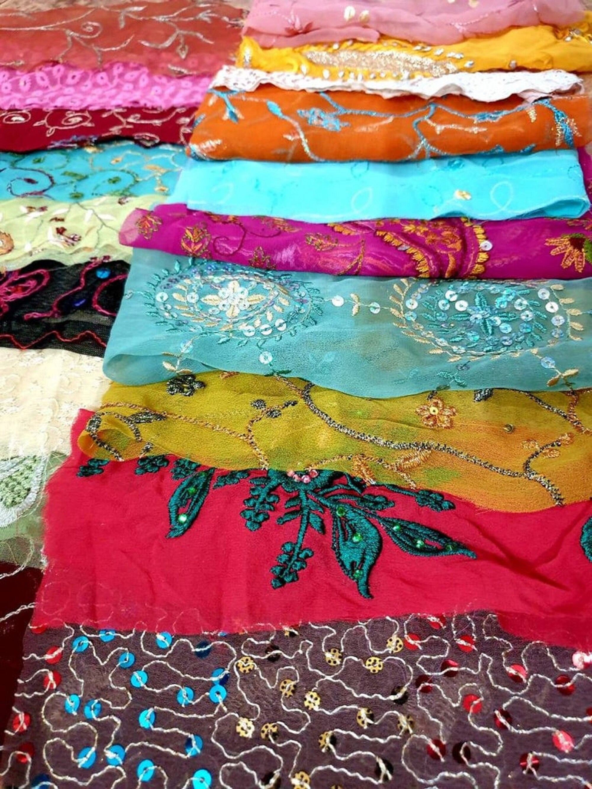 Sari Silk Fabric Remnant Embroidered 19 Pieces Sewing Craft Etsy