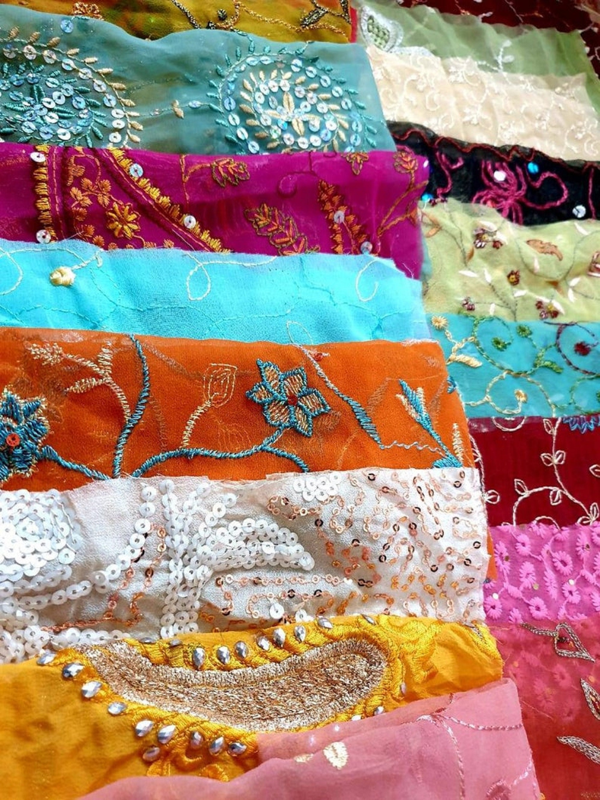 Sari Silk Fabric Remnant Embroidered 19 Pieces Sewing Craft Etsy